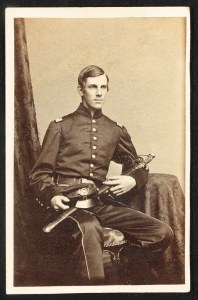 Major Oliver Wendell Holmes of Co. A and Co. G, 20th Massachusetts Infantry Regiment in uniform with sword
